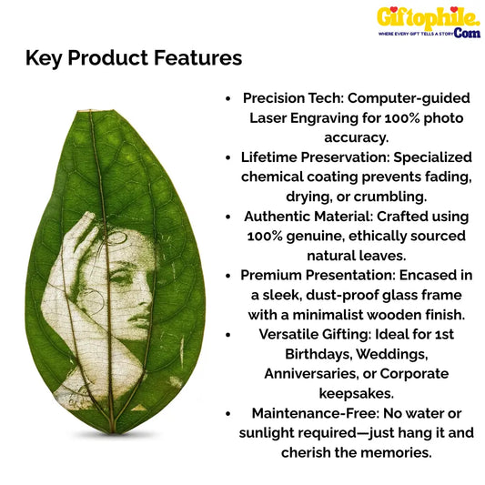 Laser-Engraved Original Natural Leaf Art – Precision Photo Engraving on Chemically Preserved Peepal Leaf (Framed)