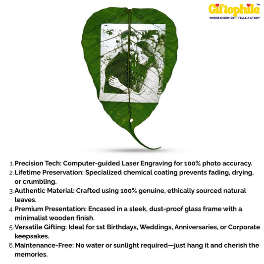 Leaf with laser-engraved design on a white background, featuring Giftophile branding.