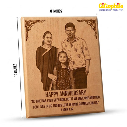 Wooden plaque with engraved family photo and anniversary message, dimensions 8x10 inches, brand 'Giftophile' visible.