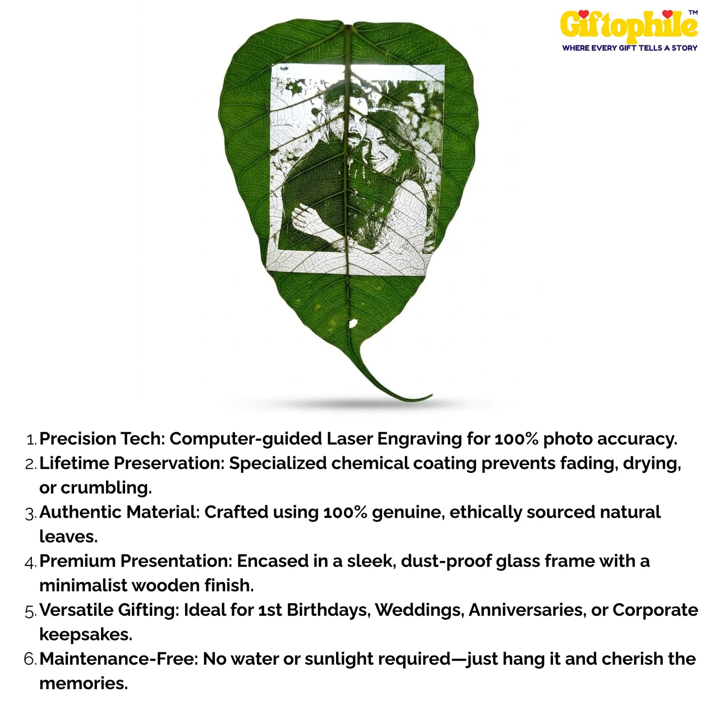 Leaf with laser-engraved design on a white background, featuring Giftophile branding.