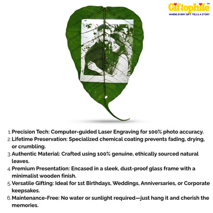 Leaf with laser-engraved design on a white background, featuring Giftophile branding.