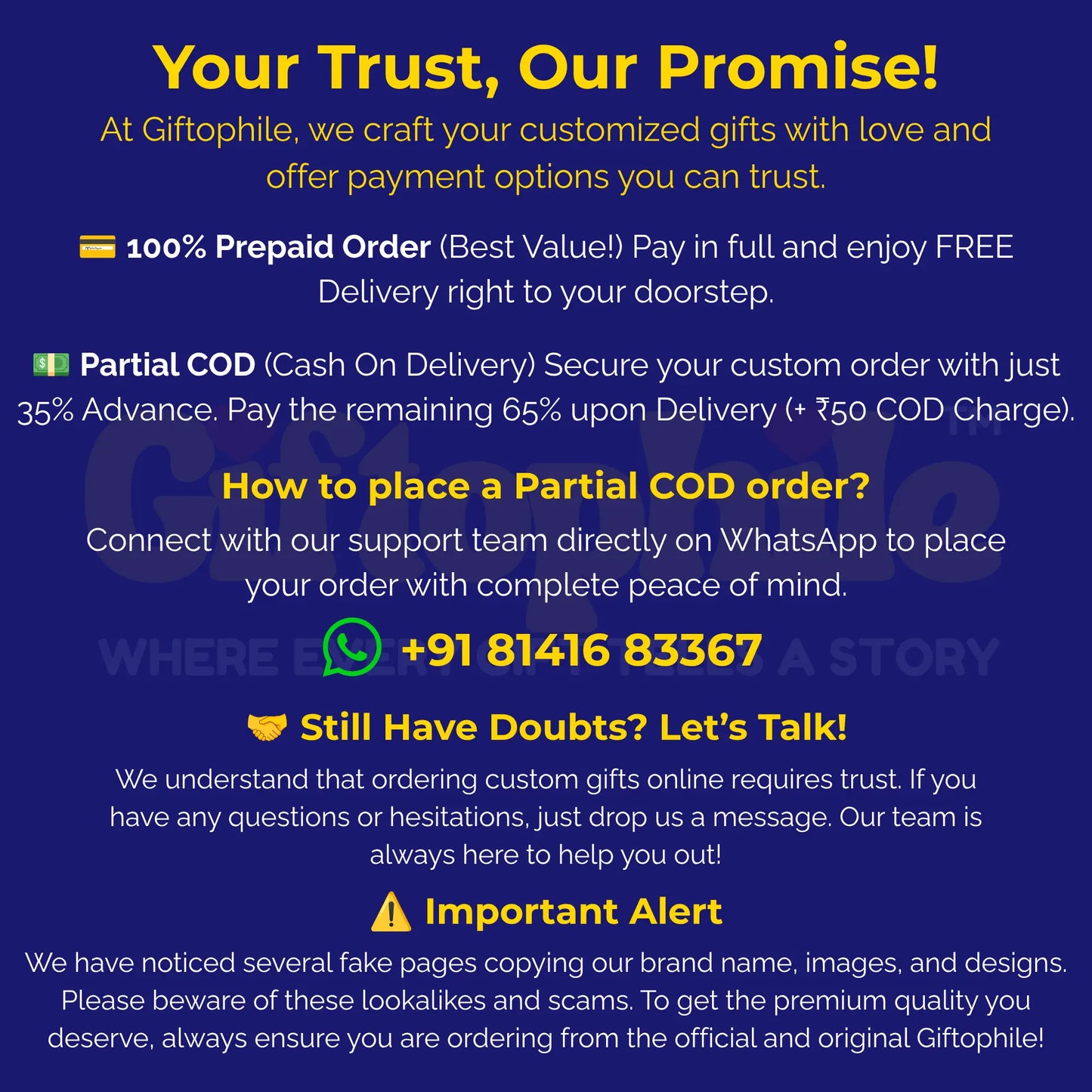 Promotional text for Giftophile gift customization service with contact information on a blue background.