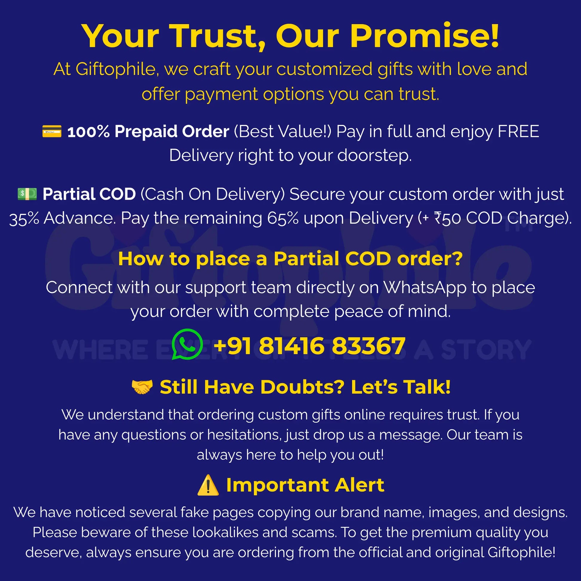 Promotional text for Giftophile gift customization service with contact information on a blue background.