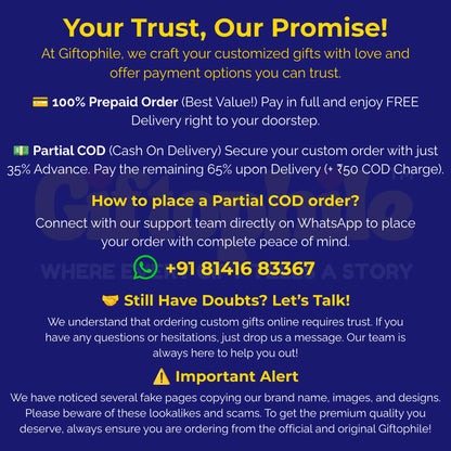 Promotional text for Giftophile gift customization service with contact information on a blue background.